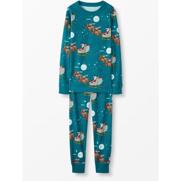 Hanna Andersson Long John Pajamas Organic Cotton Santa Sleigh Ride Blue US 6/7 - Picture 1 of 12